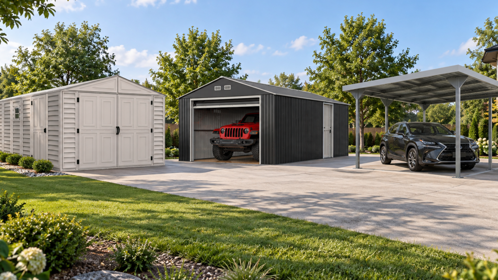 Duramax vinyl garage, metal garage and car shelter providing outdoor vehicle protection and spacious storage.
