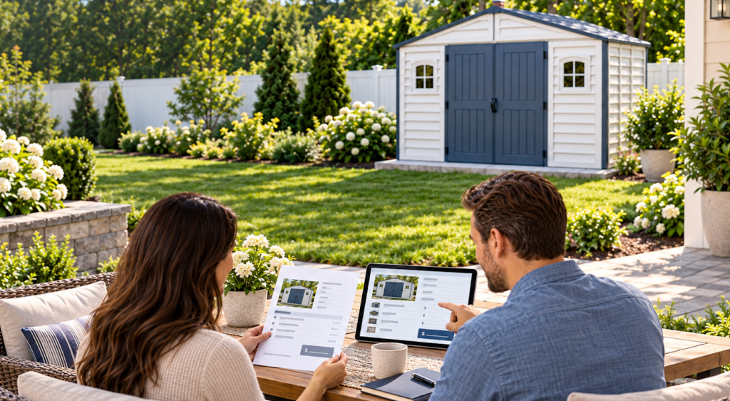 Duramax customer reviewing a product quote for a backyard storage shed