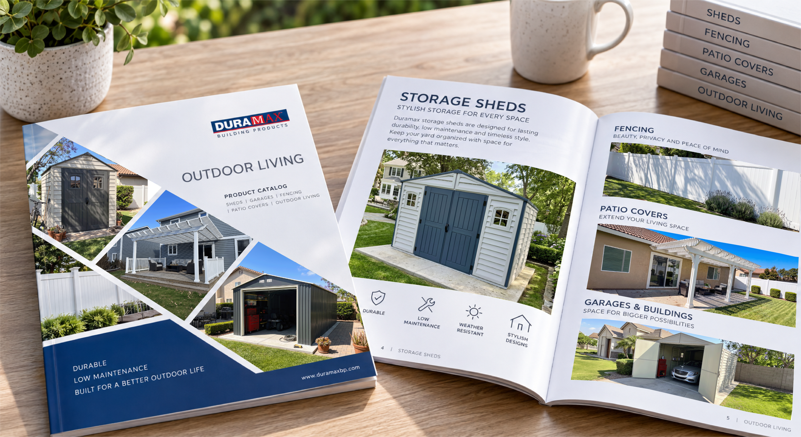 Duramax outdoor living product catalog featuring sheds, fencing, patio covers and garages