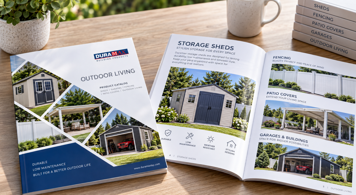 Duramax outdoor living product catalog featuring sheds, fencing, patio covers and garages