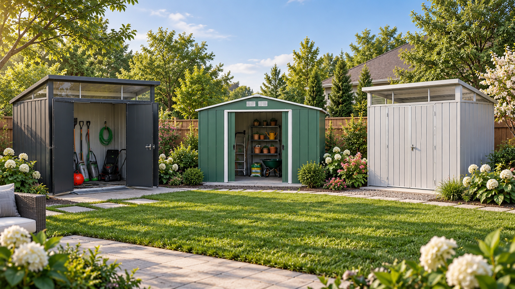 Three Duramax metal storage sheds in anthracite, green and light gray finishes displayed in a landscaped backyard.