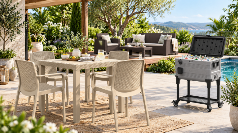 Duramax outdoor patio dining set, lounge furniture and rolling cooler arranged in a landscaped poolside entertaining space.