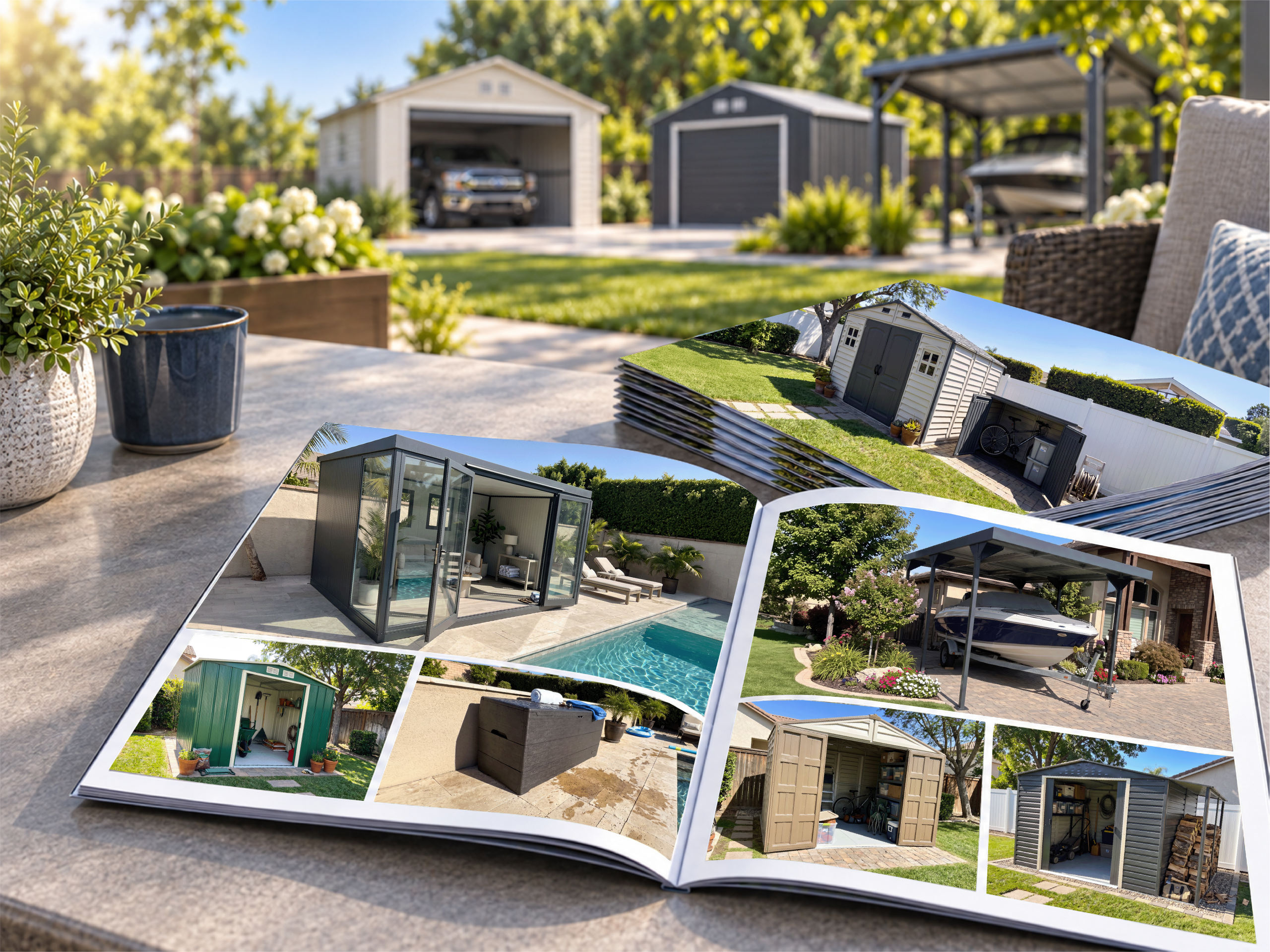 Duramax product brochures featuring outdoor storage sheds, garages and shelters