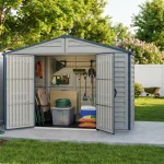 RidgeLine 10.5' x 3' shed with doors open beside a white fence, storing garden tools, hose and bins