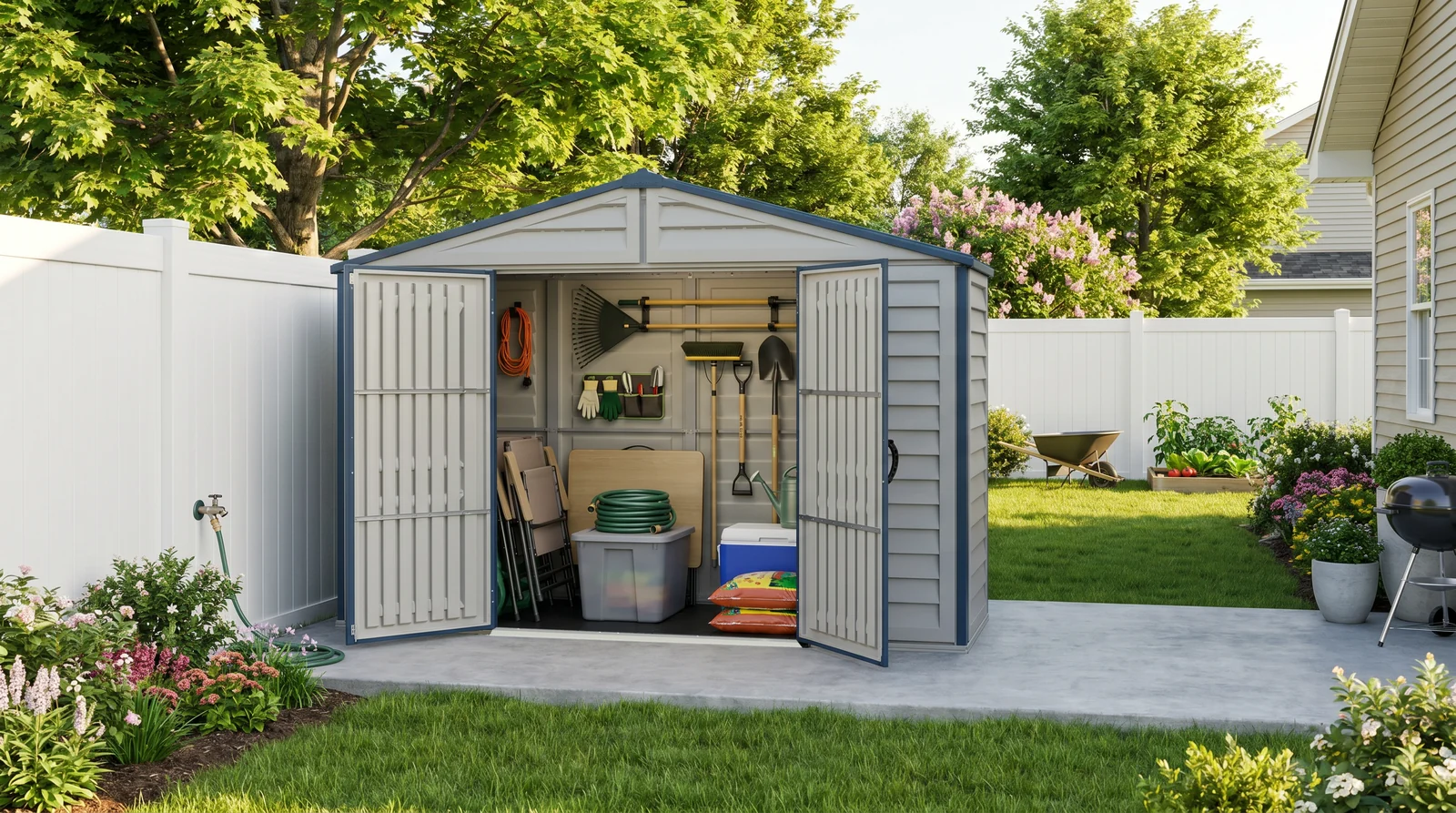 RidgeLine 10.5' x 3' shed with doors open beside a white fence, storing garden tools, hose and bins