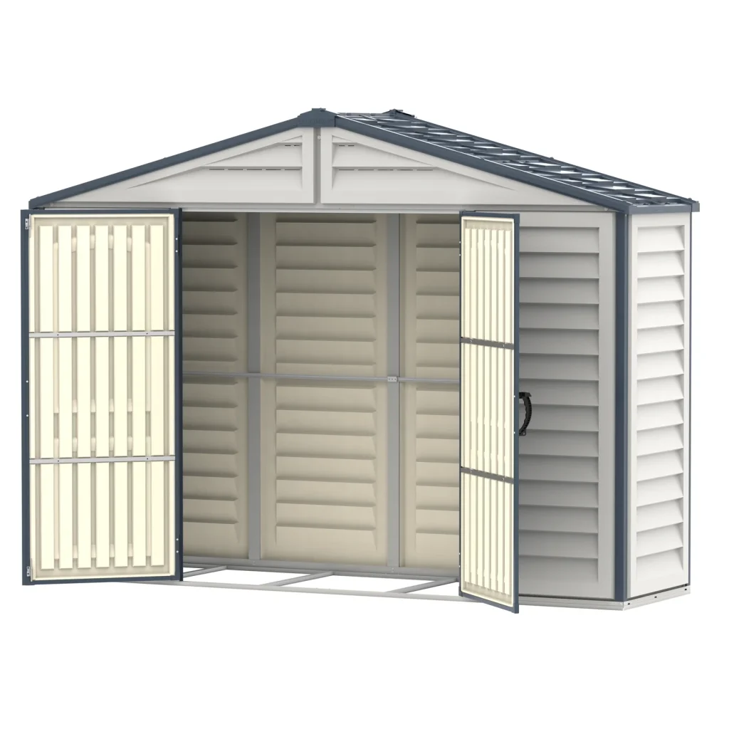 Duramax RidgeLine 10.5' x 3' shed shown at an angle with both double doors open