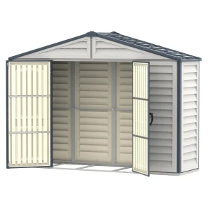 Duramax RidgeLine 10.5' x 3' shed shown at an angle with both double doors open
