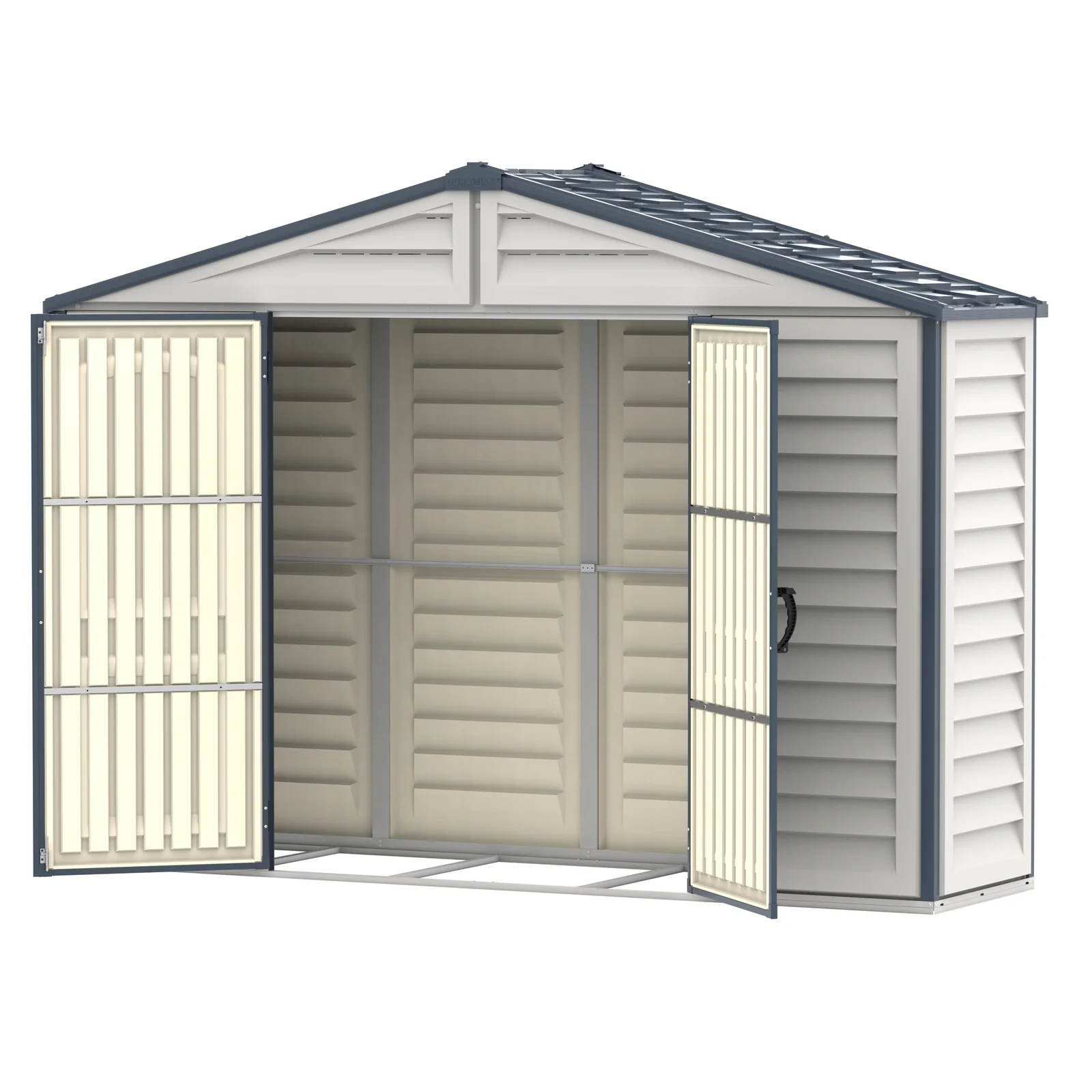 Duramax RidgeLine 10.5' x 3' shed shown at an angle with both double doors open