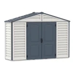 Duramax RidgeLine 10.5' x 3' vinyl storage shed shown from the opposite front angle with closed double doors