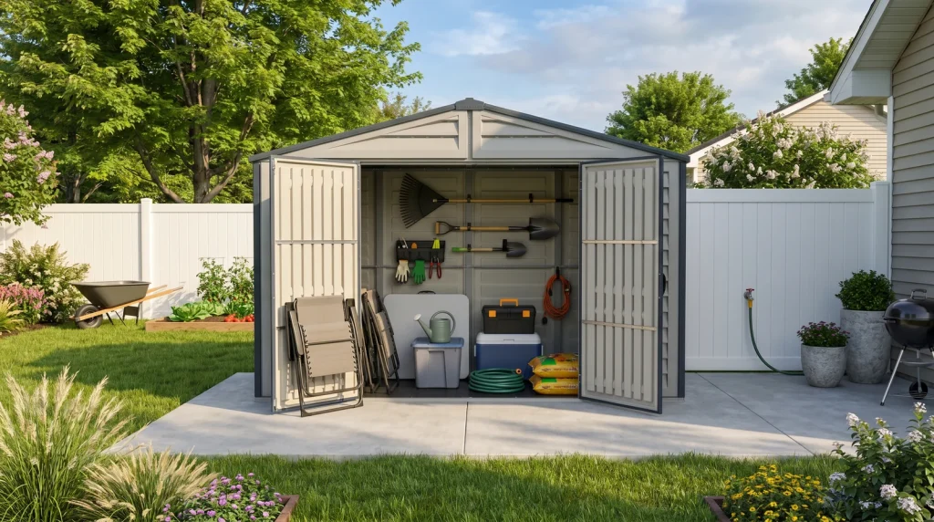 RidgeLine 10.5' x 3' shed open in a landscaped backyard with garden tools, folding chairs and storage bins