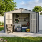 RidgeLine 10.5' x 3' shed open in a landscaped backyard with garden tools, folding chairs and storage bins