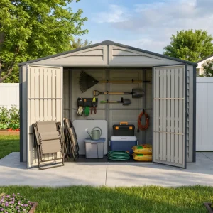 RidgeLine 10.5' x 3' shed open in a landscaped backyard with garden tools, folding chairs and storage bins