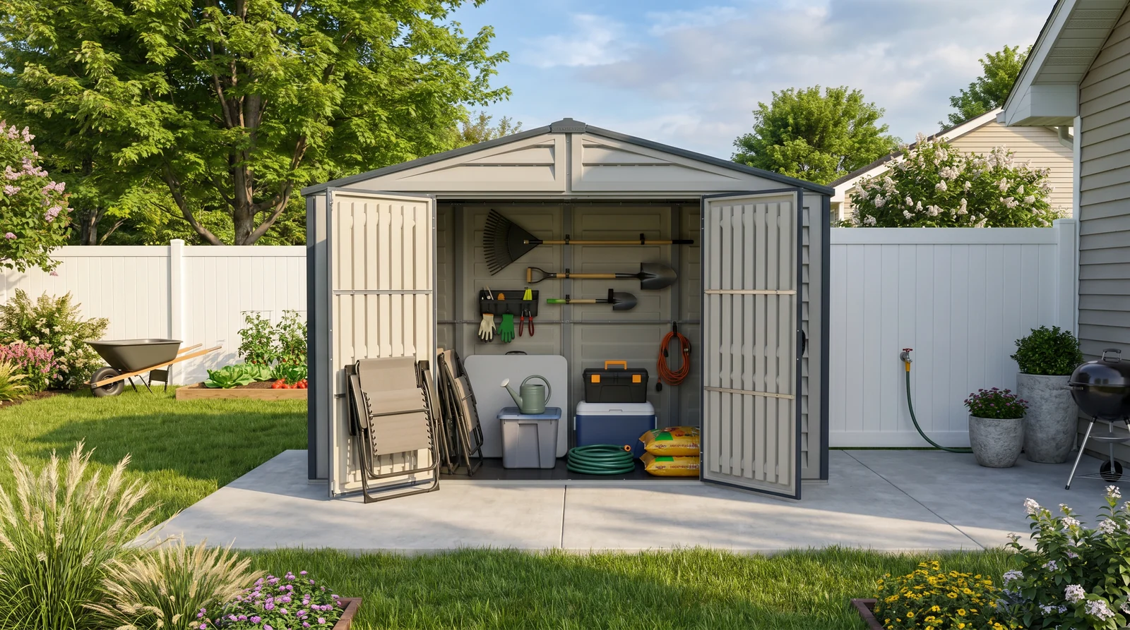 RidgeLine 10.5' x 3' shed open in a landscaped backyard with garden tools, folding chairs and storage bins