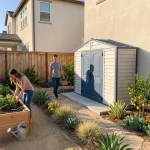 RidgeLine 10.5' x 3' shed open on a concrete pad with gardening tools and outdoor supplies inside