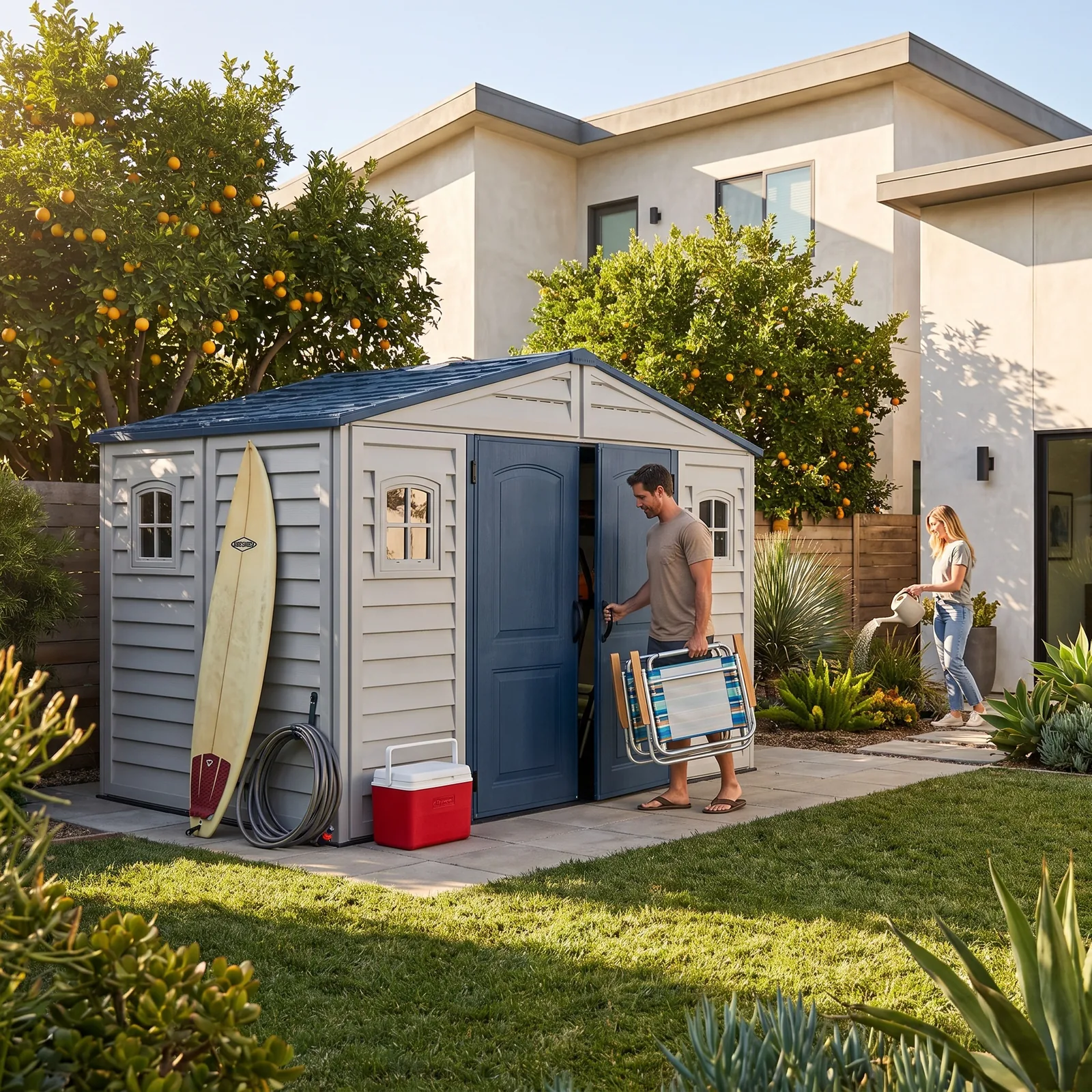 RidgeLine 10.5' x 5' shed beside a home with outdoor gear and folding chairs in the backyard