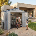 RidgeLine 10.5' x 5' shed with double doors open while bicycles and outdoor gear are stored inside