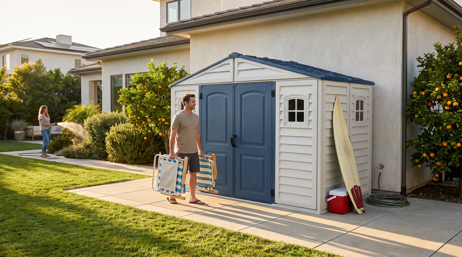 RidgeLine 10.5' x 5' shed installed beside a house with outdoor gear and folding chairs nearby