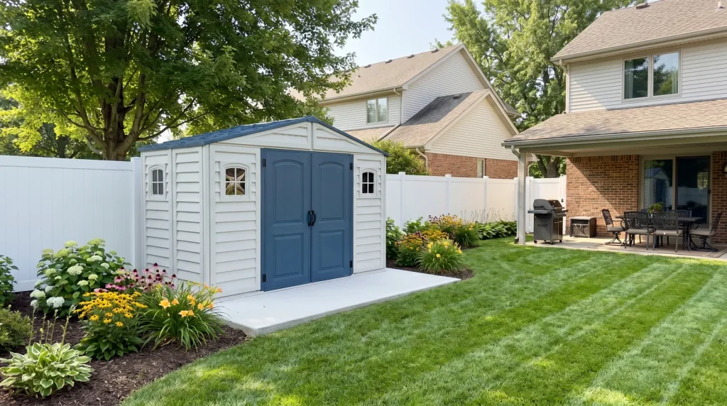 RidgeLine 10.5' x 5' vinyl shed installed in a landscaped backyard beside a lawn and patio