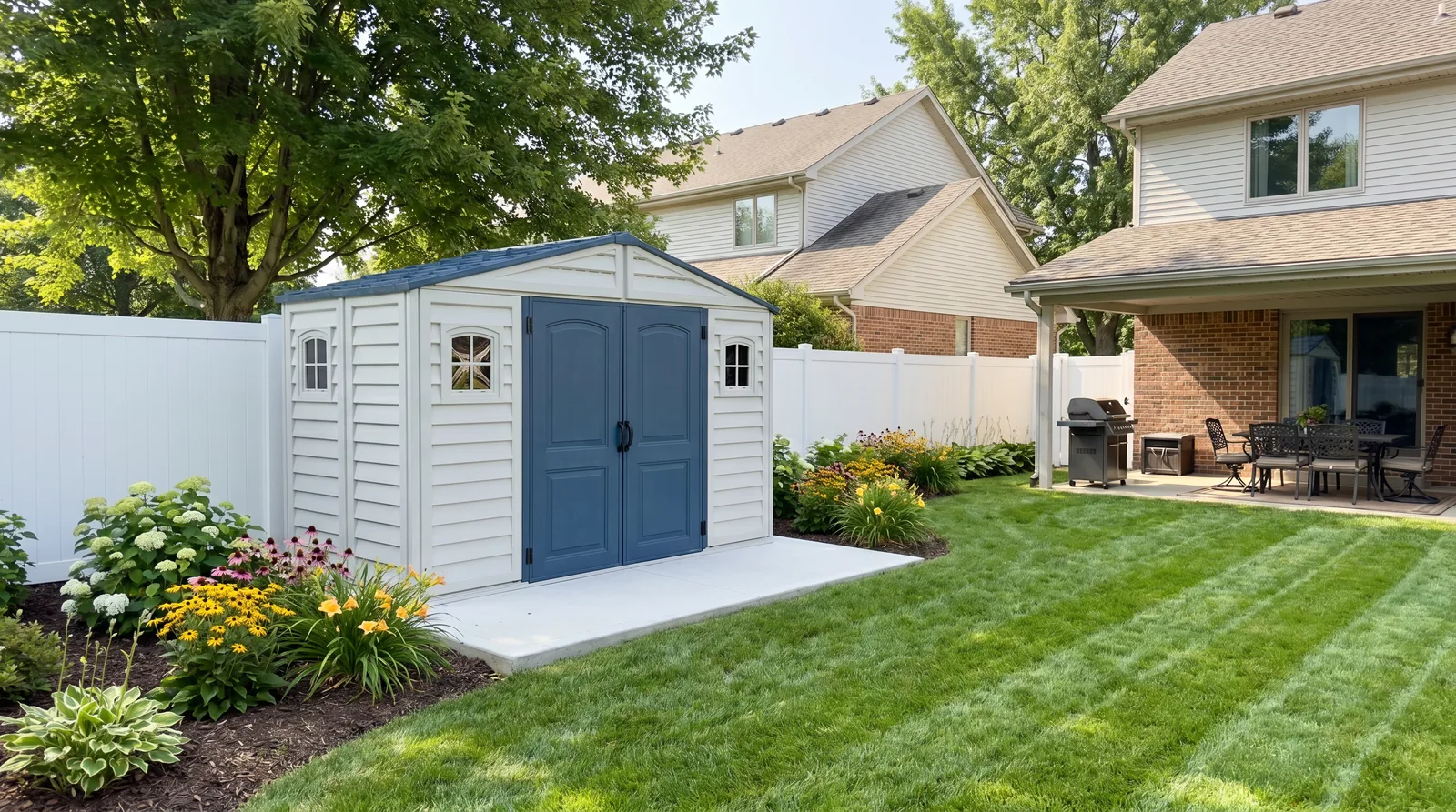 RidgeLine 10.5' x 5' vinyl shed installed in a landscaped backyard beside a lawn and patio