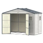 Duramax RidgeLine 10.5' x 5' shed shown at an angle with both double doors open