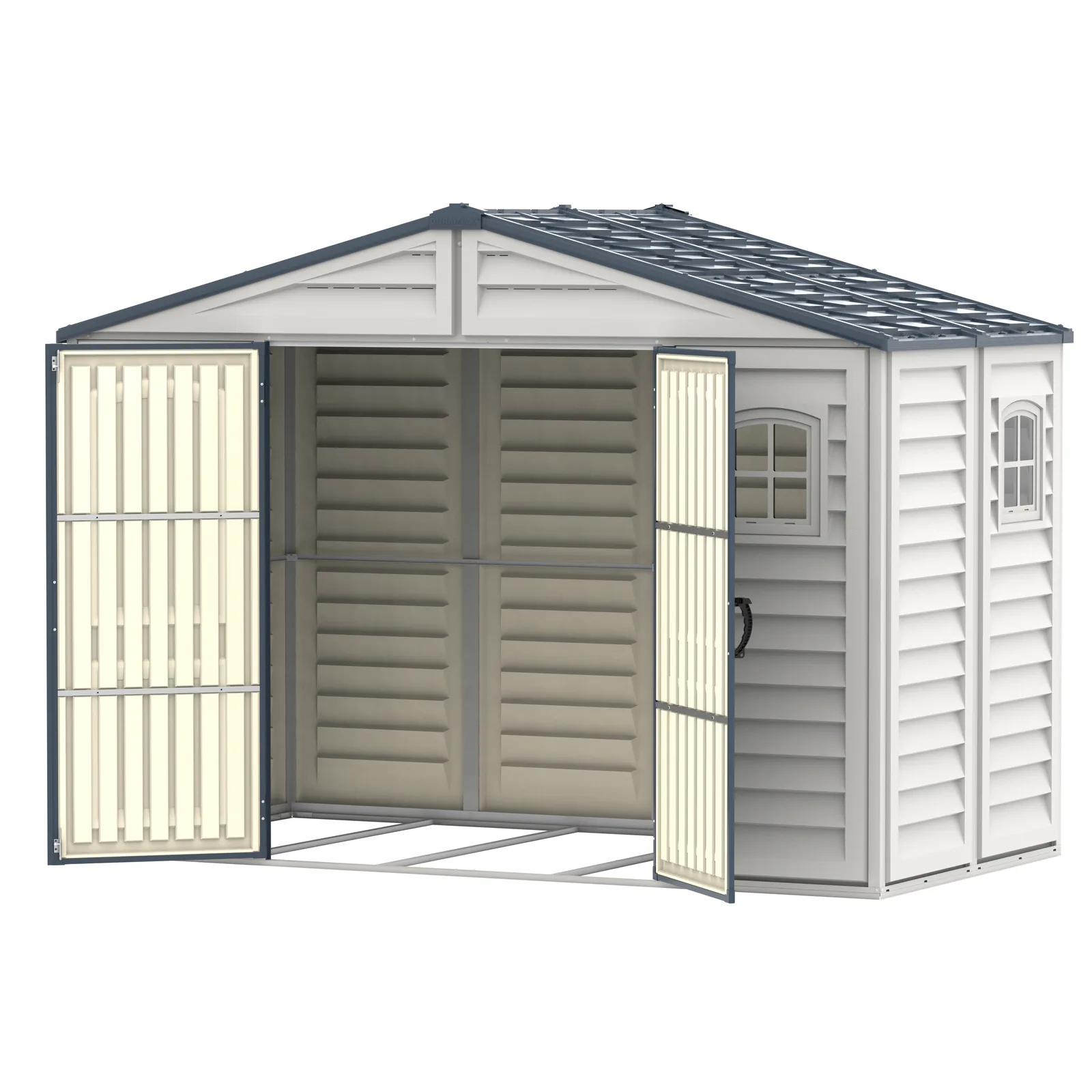 Duramax RidgeLine 10.5' x 5' shed shown at an angle with both double doors open