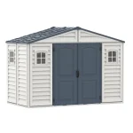 Duramax RidgeLine 10.5' x 5' vinyl storage shed shown from the opposite front angle with closed double doors