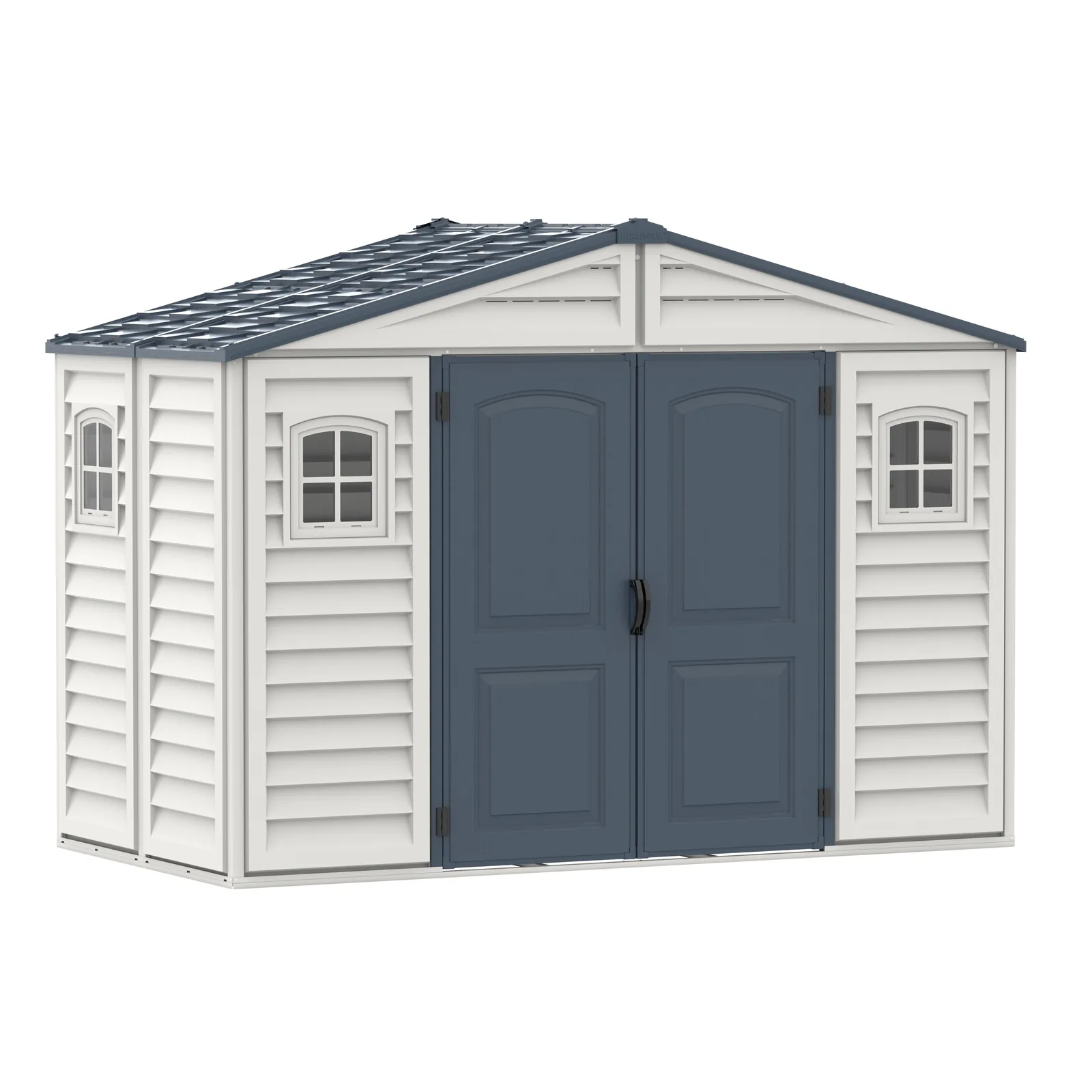 Duramax RidgeLine 10.5' x 5' vinyl storage shed shown from the opposite front angle with closed double doors