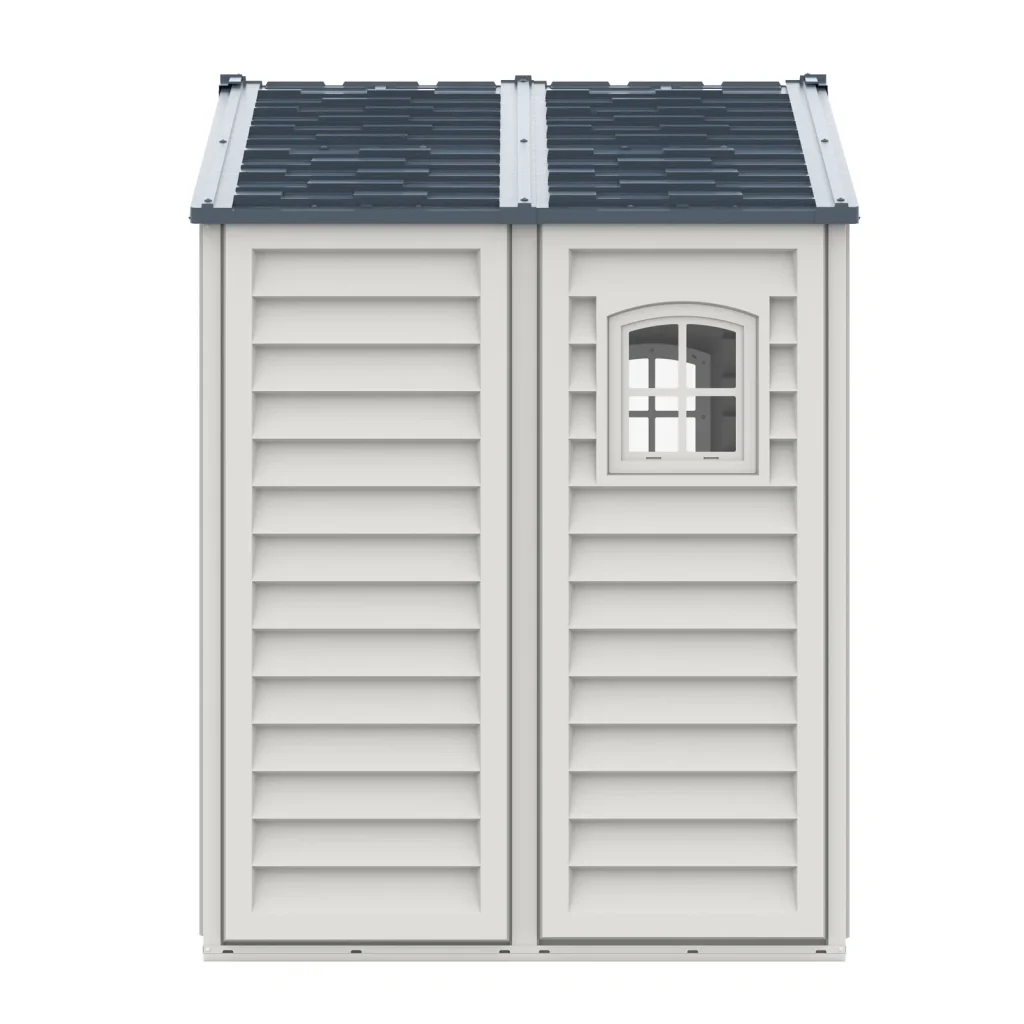 Side view of the Duramax RidgeLine 10.5' x 5' shed showing its 66.1-inch exterior depth and fixed window
