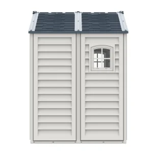 Side view of the Duramax RidgeLine 10.5' x 5' shed showing its 66.1-inch exterior depth and fixed window