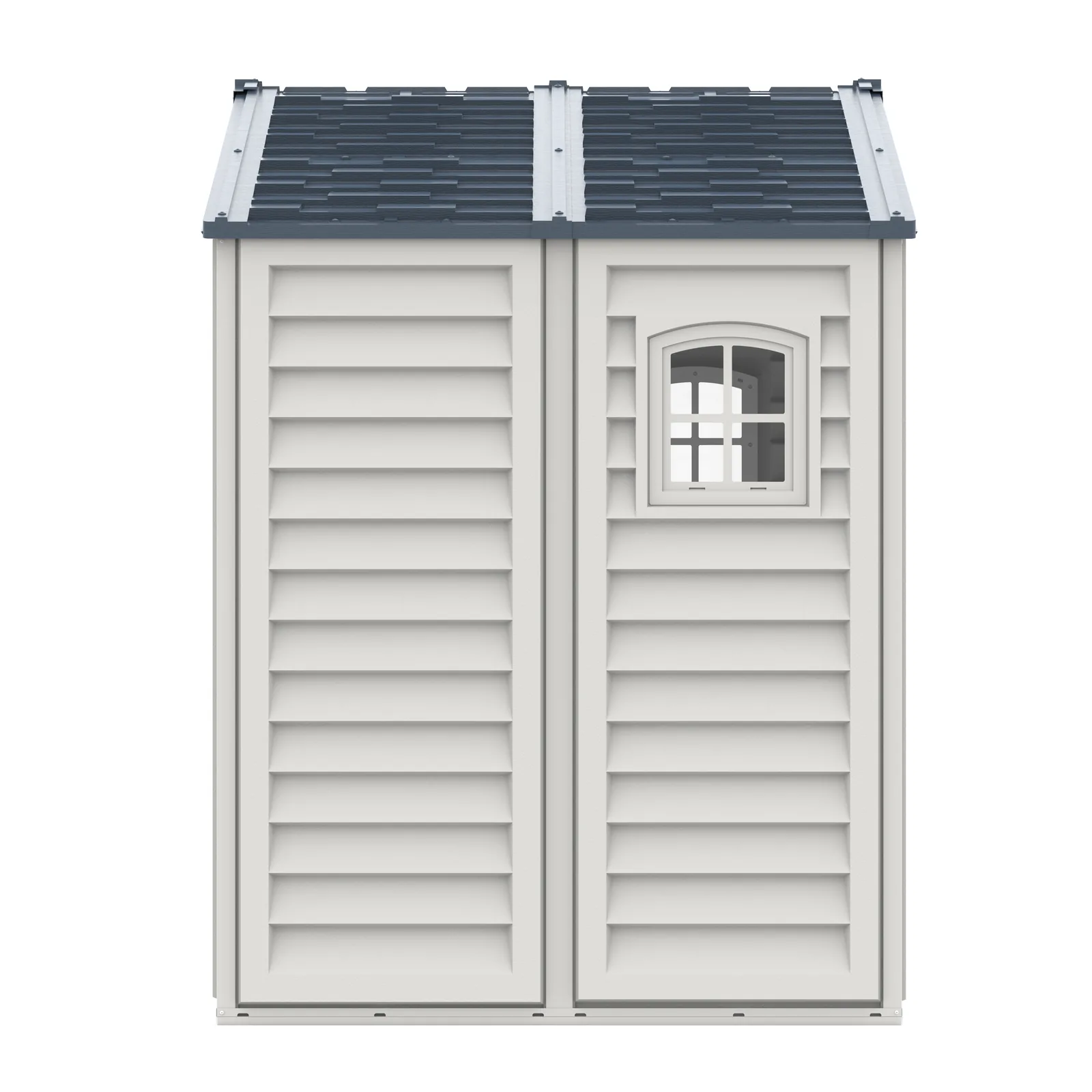 Side view of the Duramax RidgeLine 10.5' x 5' shed showing its 66.1-inch exterior depth and fixed window