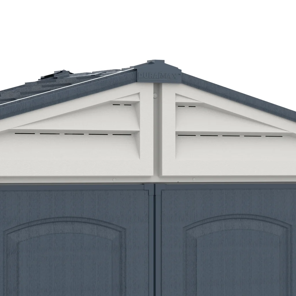 Close-up of the RidgeLine front gable showing the integrated ventilation slots above the double doors