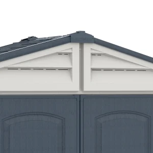 Close-up of the RidgeLine front gable showing the integrated ventilation slots above the double doors