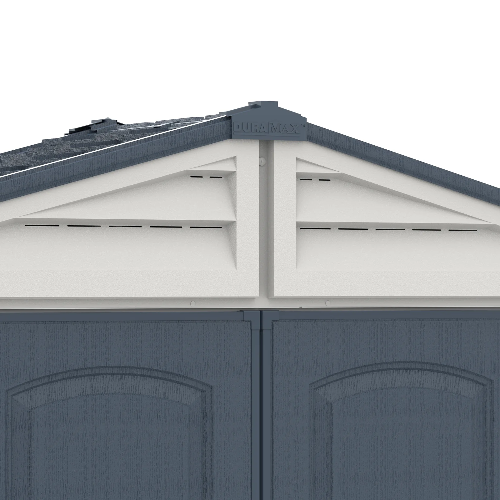 Close-up of the RidgeLine front gable showing the integrated ventilation slots above the double doors