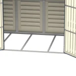 Close-up of the RidgeLine shed interior showing the metal foundation frame at the base