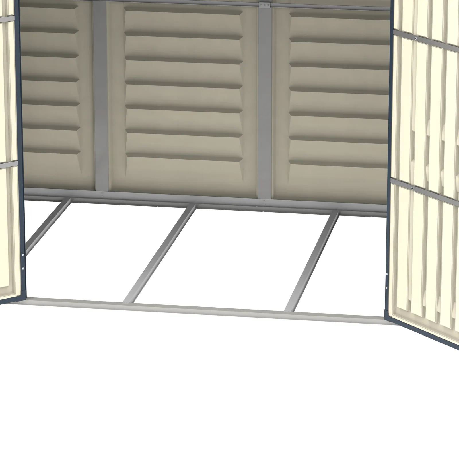 Close-up of the RidgeLine shed interior showing the metal foundation frame at the base