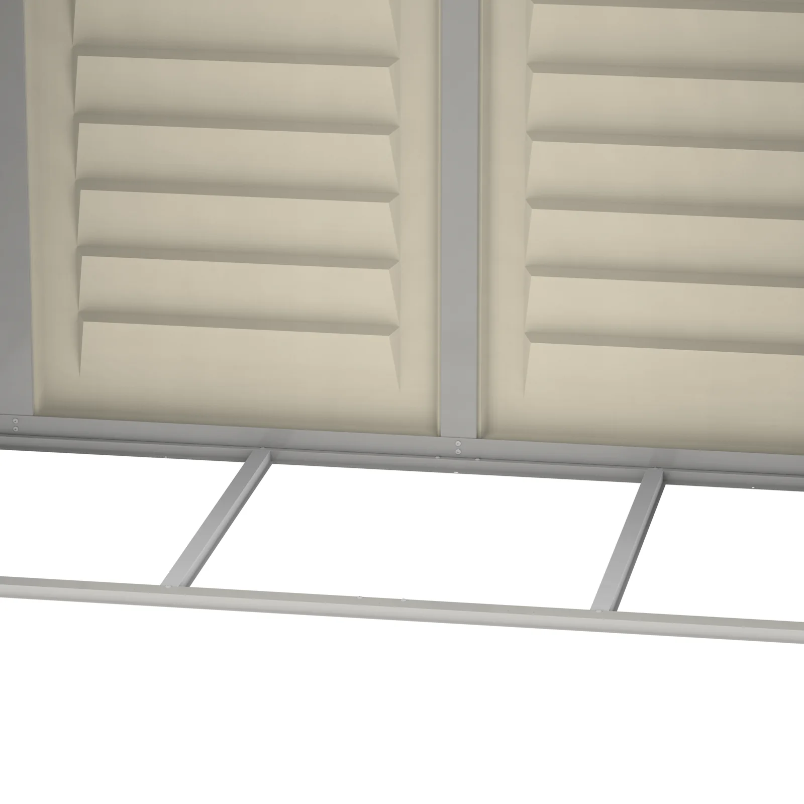 Close-up of the RidgeLine shed interior showing the metal foundation frame at the base