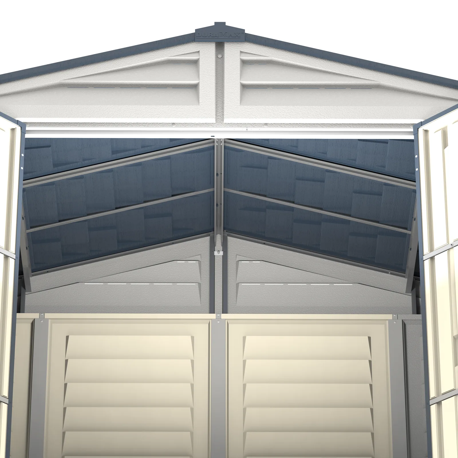 Interior close-up of the RidgeLine shed roof area showing structural roof-support components