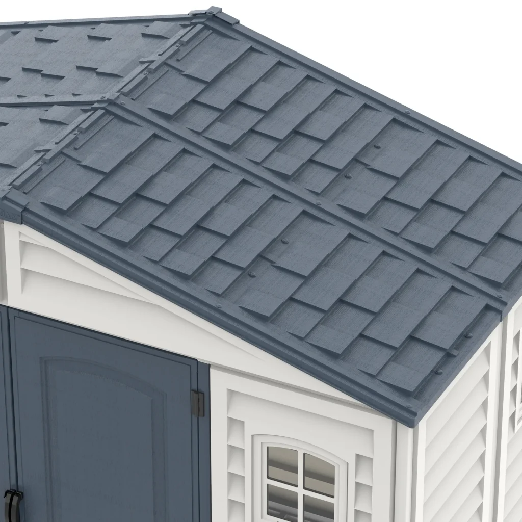 Close-up of the Duramax RidgeLine dark grey shingle-style roof panels and trim