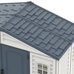 Close-up of the Duramax RidgeLine dark grey shingle-style roof panels and trim