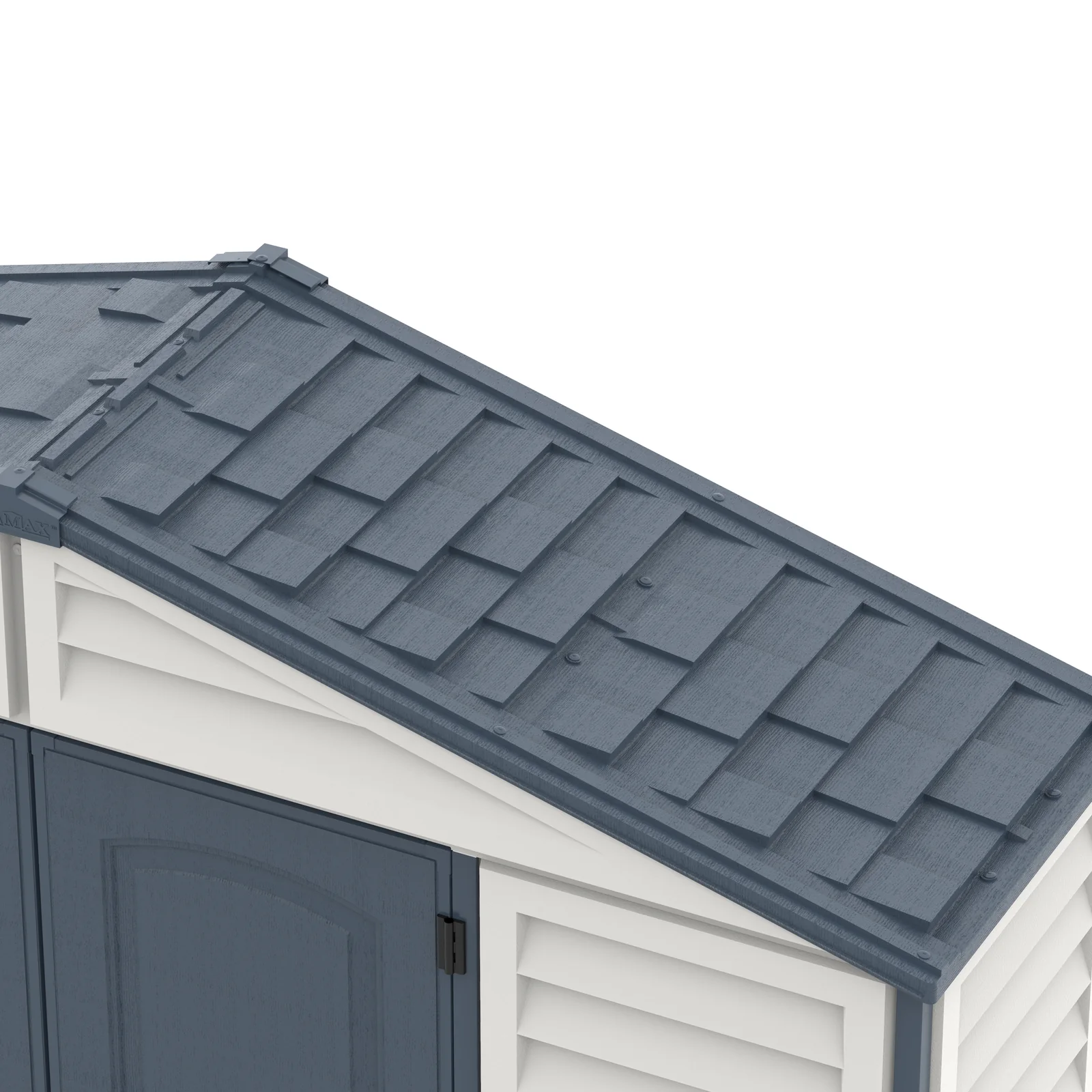 Close-up of the Duramax RidgeLine dark grey shingle-style roof panels and trim