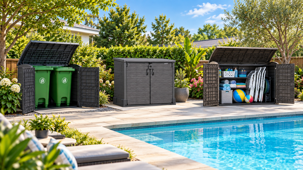 Duramax horizontal resin sheds in outdoor settings, showing compact all-weather storage for trash bins, pool supplies, patio accessories, and household items.