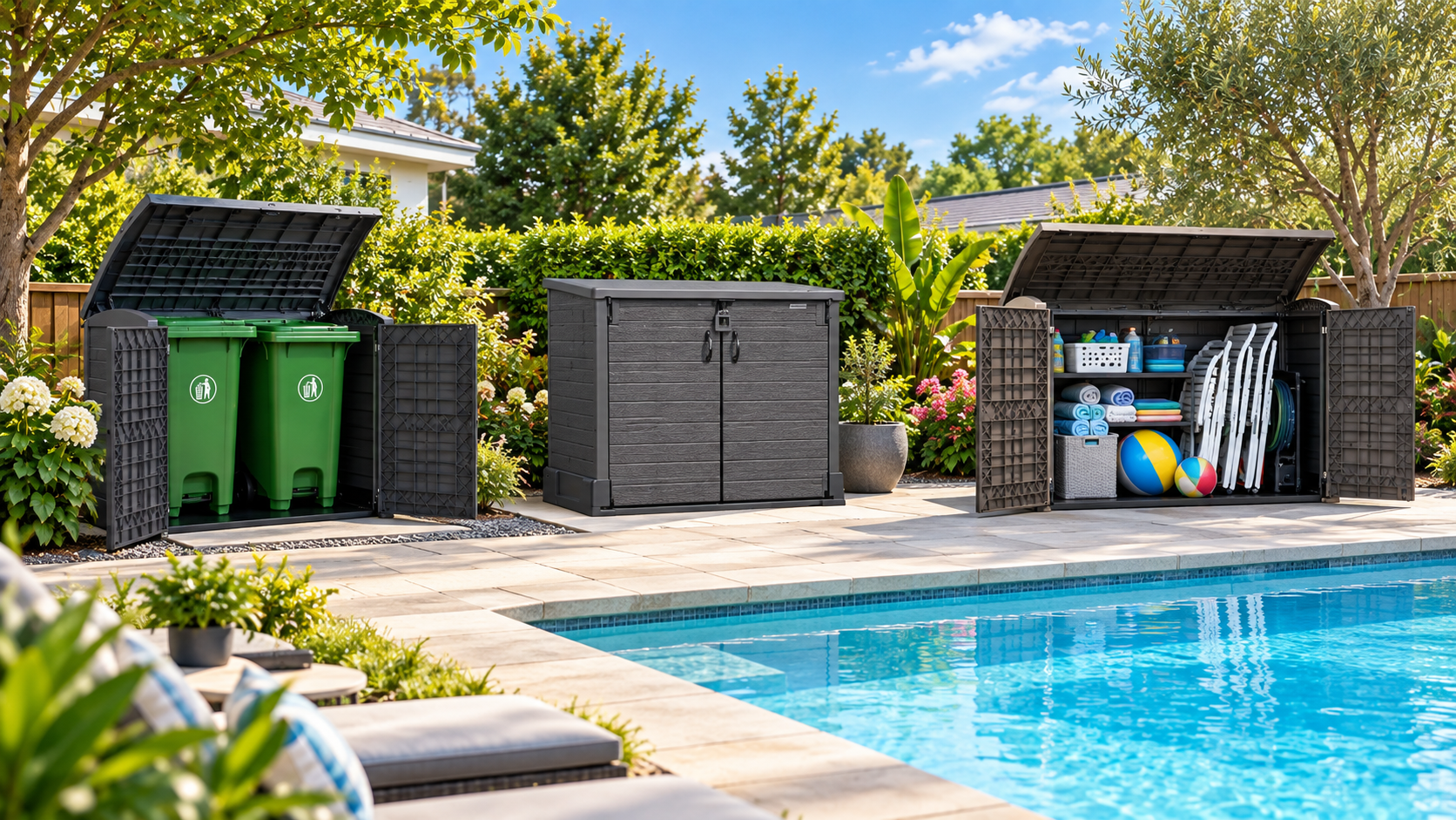 Duramax horizontal resin sheds in outdoor settings, showing compact all-weather storage for trash bins, pool supplies, patio accessories, and household items.