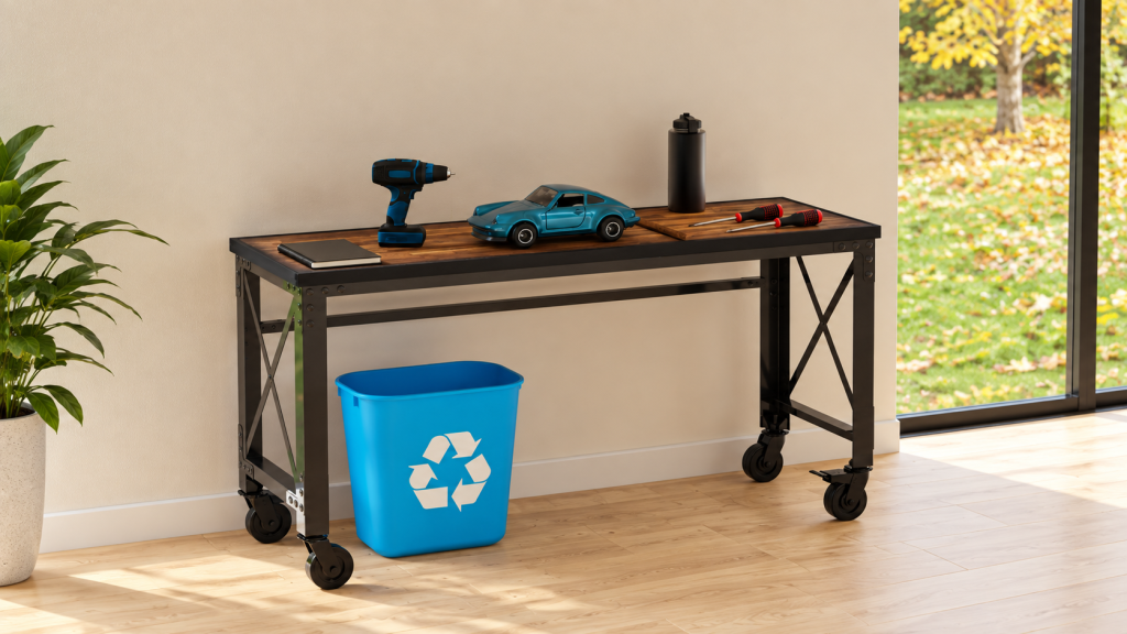 Duramax rolling worktable with wood top and black steel frame in a modern workspace