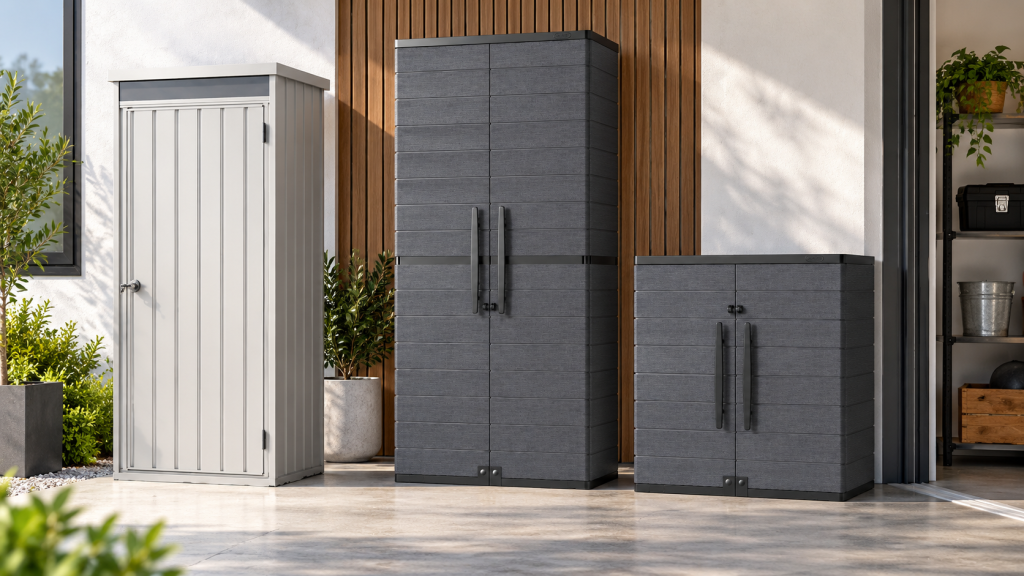 Duramax vertical storage cabinets in resin and metal designs for organizing tools, garden supplies and household essentials in garages, patios and outdoor spaces.