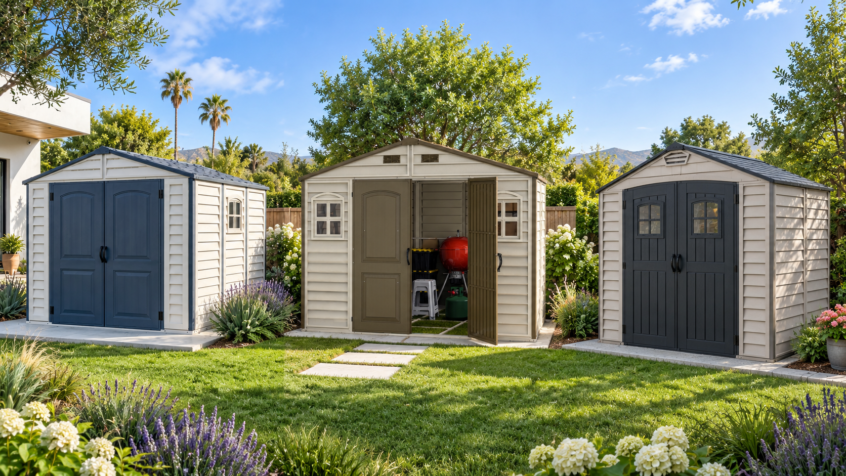Duramax vinyl storage sheds including Ridgeline, Vinyl Premier and Plus Series