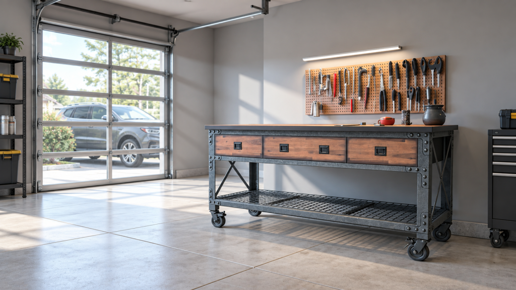 Duramax 72 inch three-drawer rolling workbench with wood top, steel frame and casters in a garage workspace