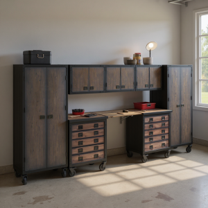 Duramax 68209 8-piece garage storage system with tool chests, wall cabinets, folding worktable & freestanding cabinets main view