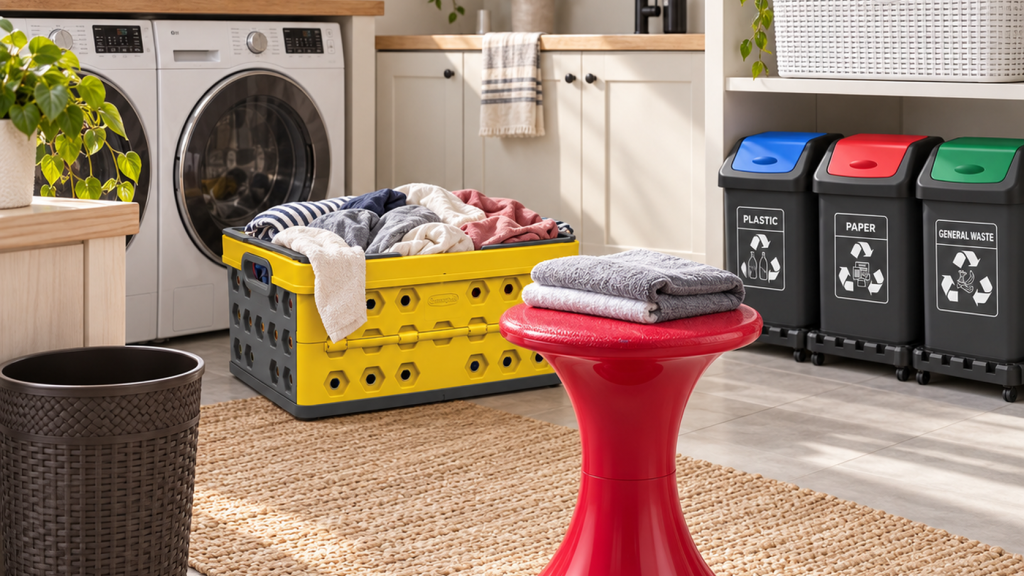 Duramax household storage and organization products including laundry baskets, storage baskets, recycling bins and utility items.